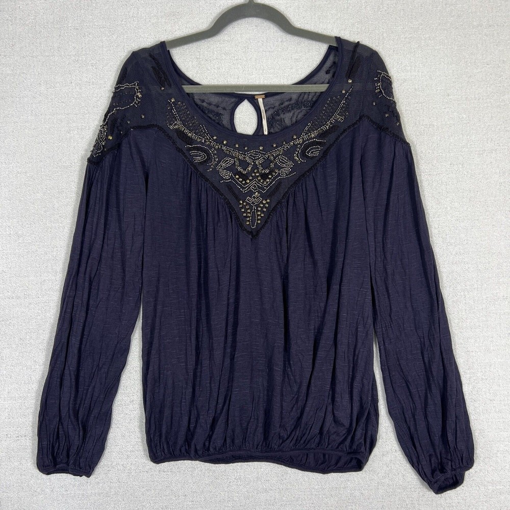 Free People Blue Sky Beaded Blouse Womens Small Boho Boat Neck